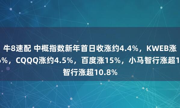 牛8速配 中概指数新年首日收涨约4.4%，KWEB涨超4.6%，CQQQ涨约4.5%，百度涨15%，小马智行涨超10.8%